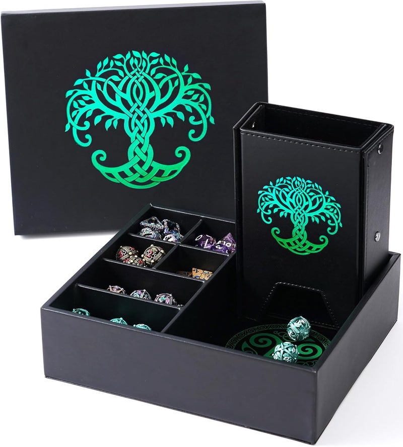 Soar Forge Dice Tray and Dice Tower for DND and RPG - All-in-One Game Roamer Tray & Large Tower for Random Rolls - Stores Your Sets, Mini's and More Compatible with D&D (Green Tree) - Image 1
